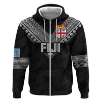 Custom Rugby Fiji Zip Hoodie Fijian Masi Tribal Sporty Style Black Color - Polynesian Pride