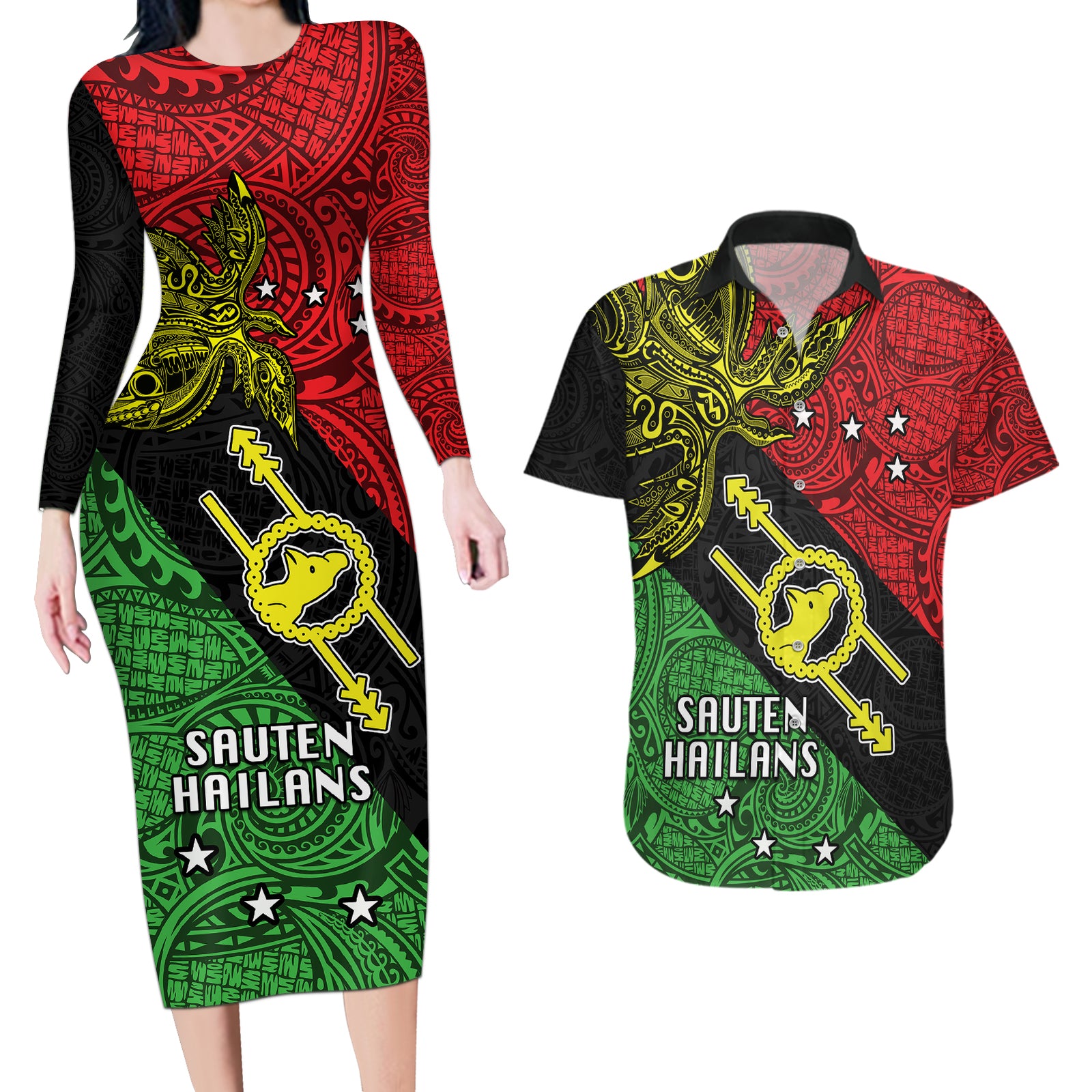 Papua New Guinea Southern Highlands Province Couples Matching Long Sleeve Bodycon Dress and Hawaiian Shirt PNG Birds Of Paradise Polynesian Arty Style LT03 Black - Polynesian Pride