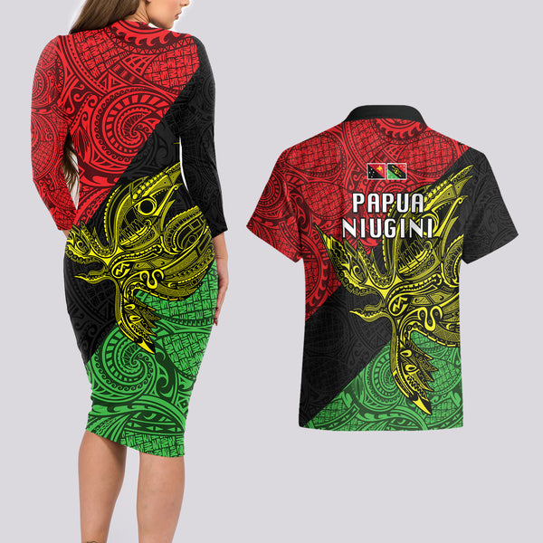 Custom Papua New Guinea Gulf Province Couples Matching Long Sleeve Bodycon Dress and Hawaiian Shirt PNG Birds Of Paradise Polynesian Arty Style LT03 main image 0