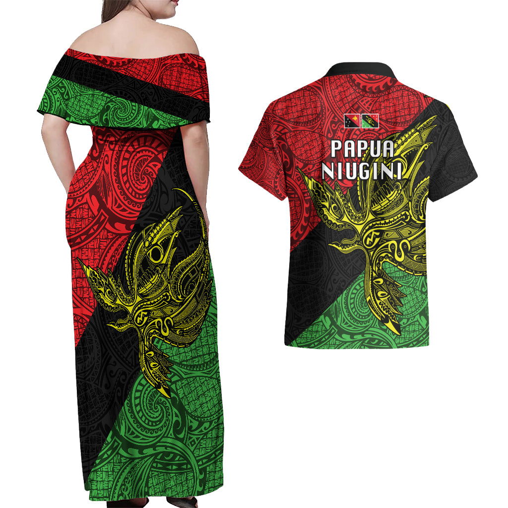 Papua New Guinea Southern Highlands Province Couples Matching Off Shoulder Maxi Dress and Hawaiian Shirt PNG Birds Of Paradise Polynesian Arty Style LT03 - Polynesian Pride
