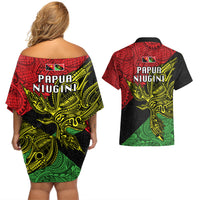 Papua New Guinea Southern Highlands Province Couples Matching Off Shoulder Short Dress and Hawaiian Shirt PNG Birds Of Paradise Polynesian Arty Style LT03 - Polynesian Pride
