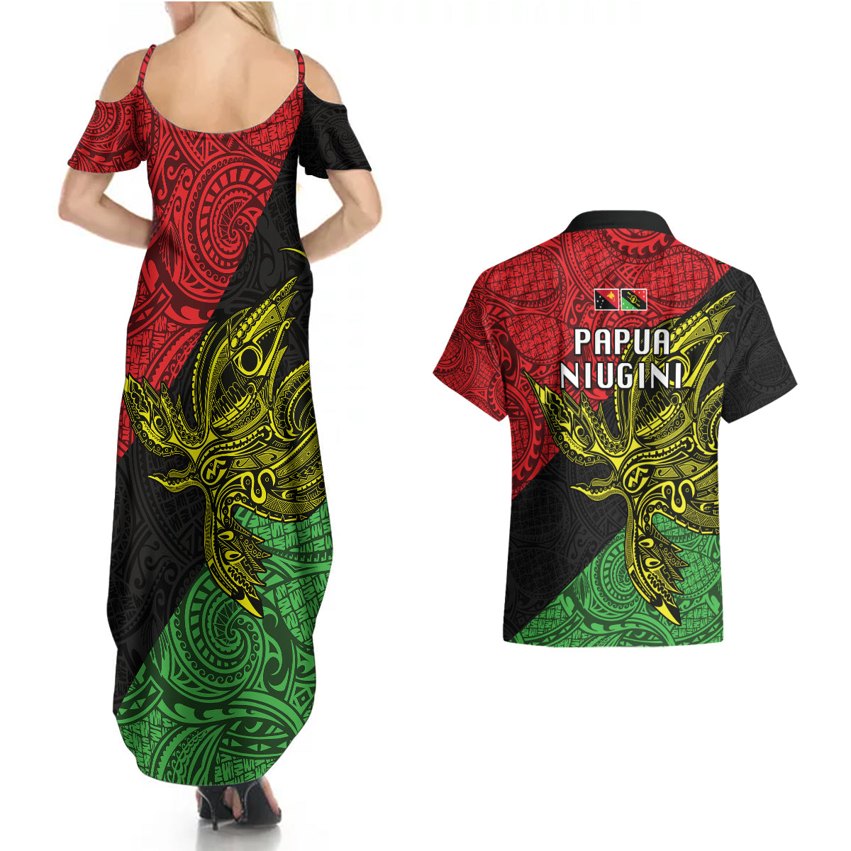 Papua New Guinea Southern Highlands Province Couples Matching Summer Maxi Dress and Hawaiian Shirt PNG Birds Of Paradise Polynesian Arty Style LT03 - Polynesian Pride