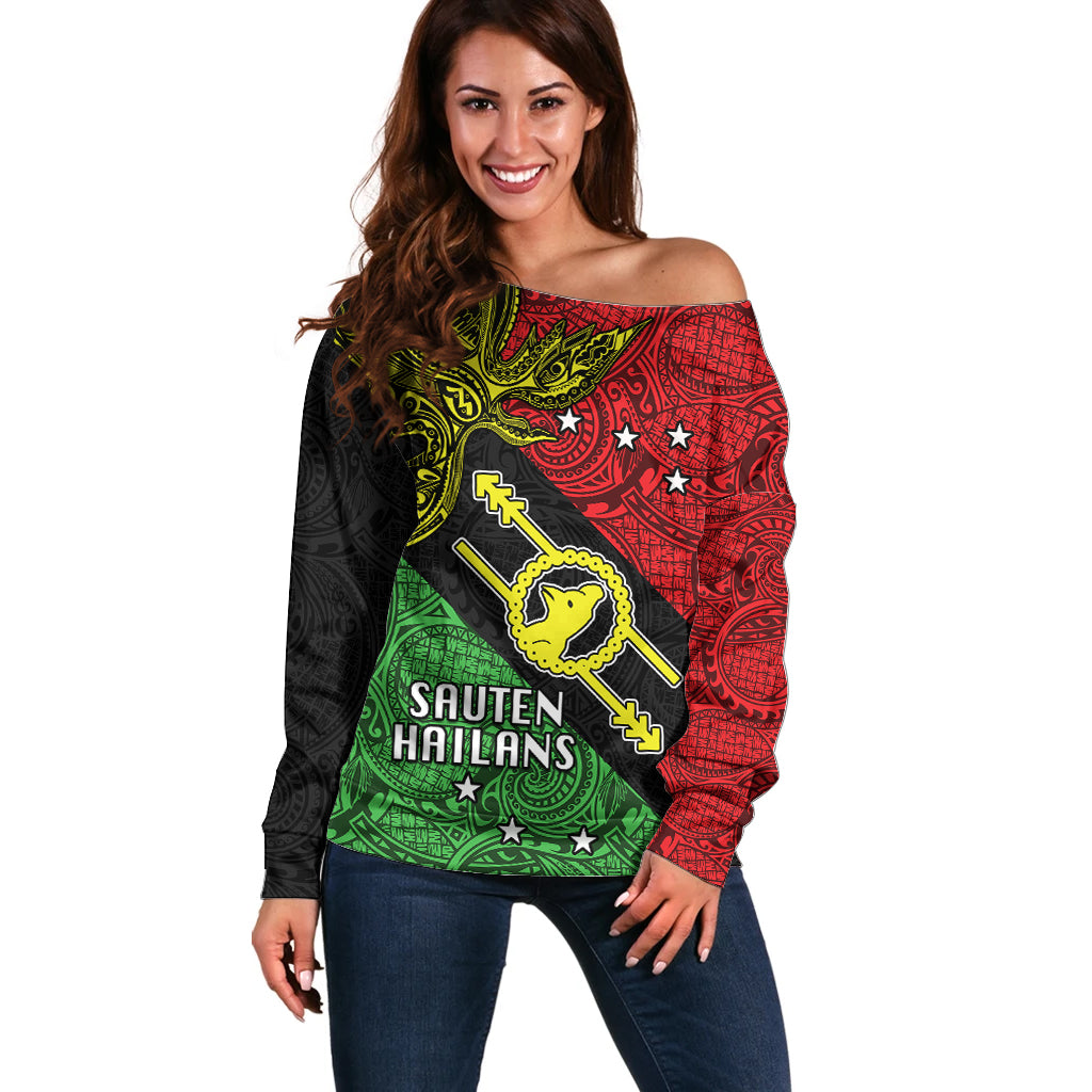 Papua New Guinea Southern Highlands Province Off Shoulder Sweater PNG Birds Of Paradise Polynesian Arty Style LT03 Women Black - Polynesian Pride
