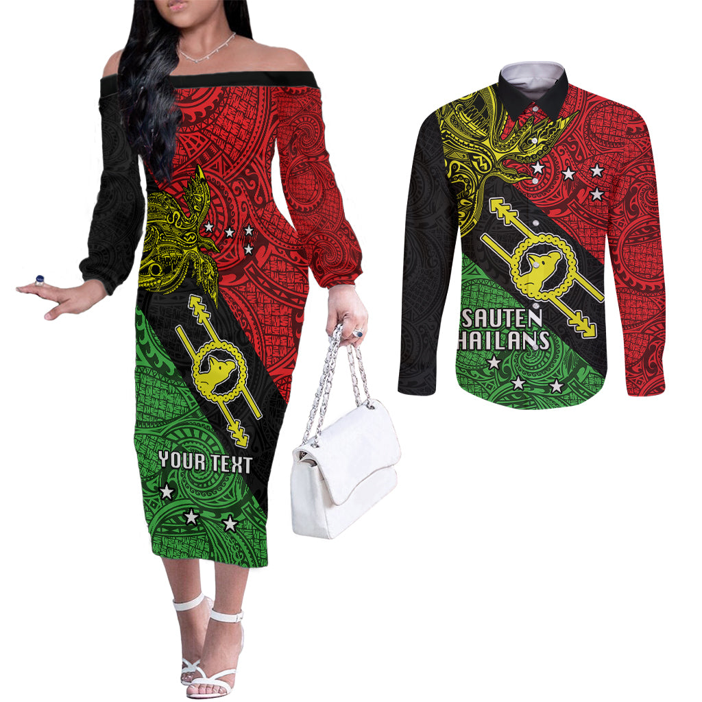 Personalised Papua New Guinea Southern Highlands Province Couples Matching Off The Shoulder Long Sleeve Dress and Long Sleeve Button Shirts PNG Birds Of Paradise Polynesian Arty Style LT03 Black - Polynesian Pride