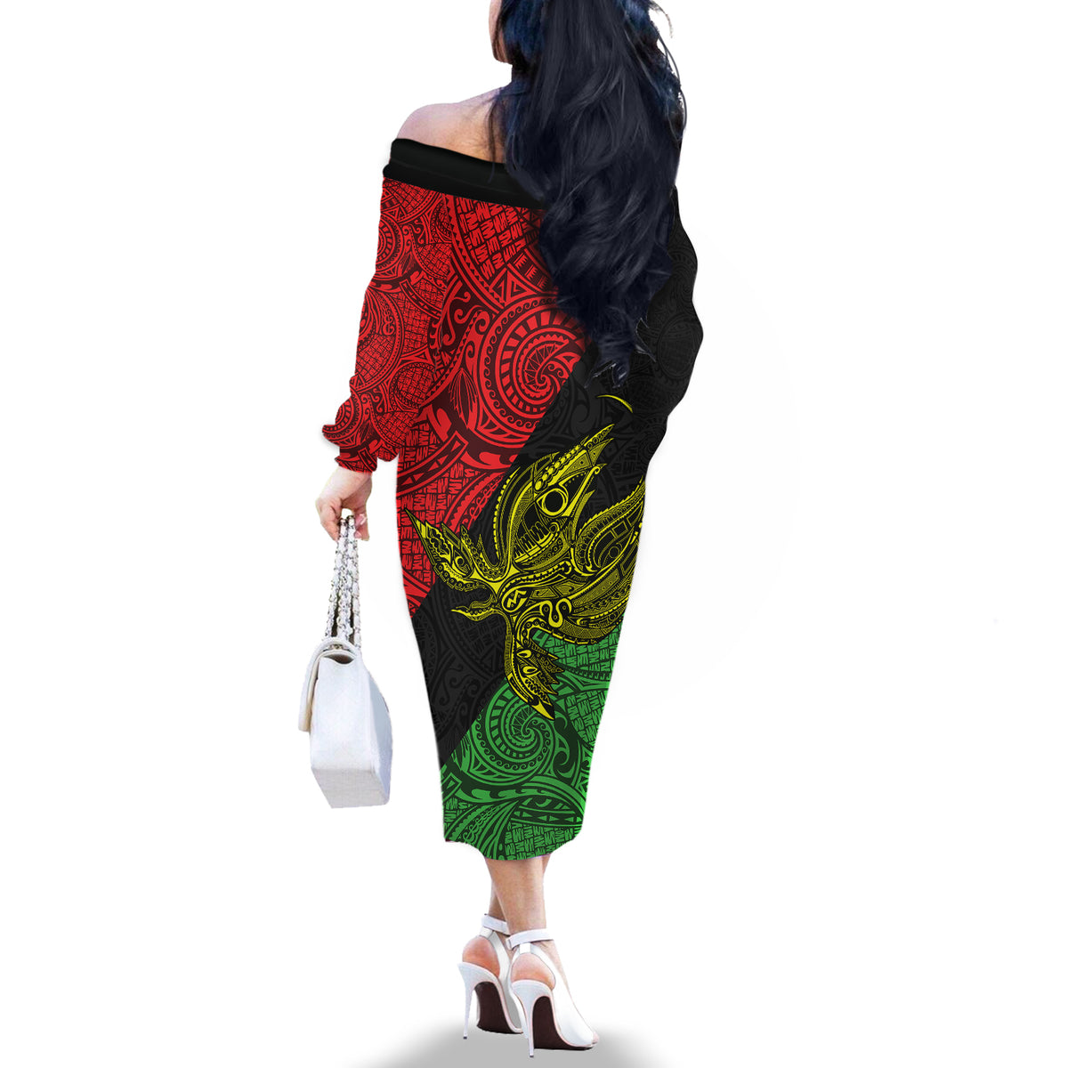 Personalised Papua New Guinea Southern Highlands Province Off The Shoulder Long Sleeve Dress PNG Birds Of Paradise Polynesian Arty Style LT03 - Polynesian Pride