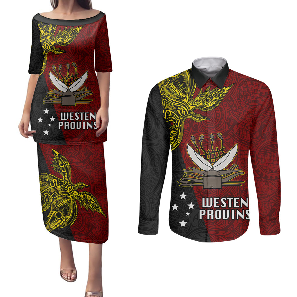 Papua New Guinea Western Province Couples Matching Puletasi Dress and Long Sleeve Button Shirts PNG Birds Of Paradise Polynesian Arty Style LT03 Red - Polynesian Pride