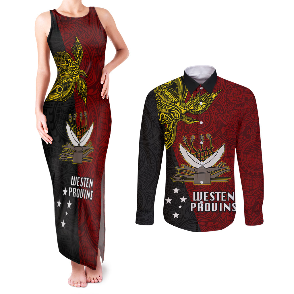 Papua New Guinea Western Province Couples Matching Tank Maxi Dress and Long Sleeve Button Shirts PNG Birds Of Paradise Polynesian Arty Style LT03 Red - Polynesian Pride
