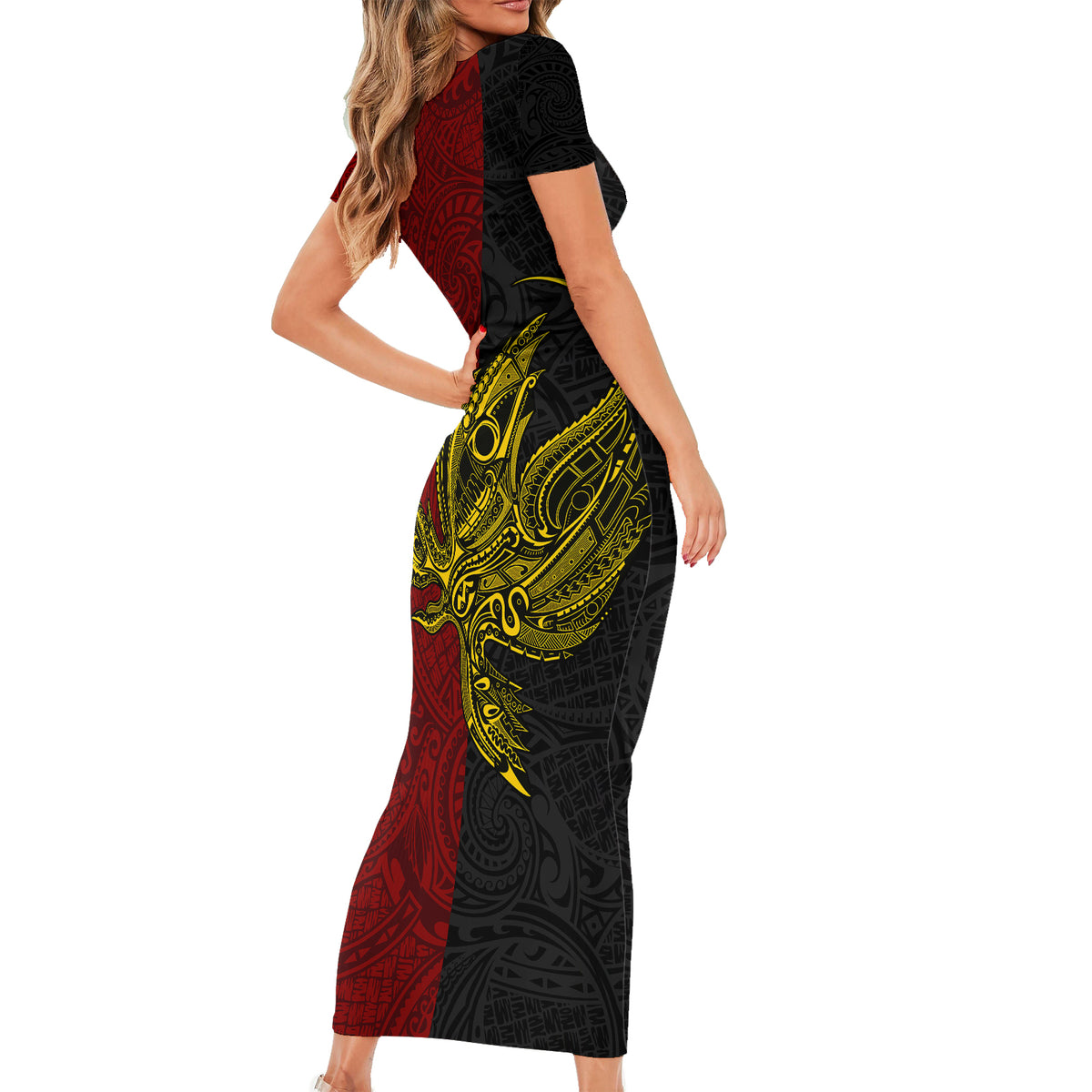 Papua New Guinea Western Province Short Sleeve Bodycon Dress PNG Birds Of Paradise Polynesian Arty Style LT03 - Polynesian Pride