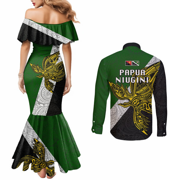 Personalised Papua New Guinea Hela Province Couples Matching Mermaid Dress and Hawaiian Shirt PNG Birds Of Paradise Polynesian Arty Style LT03 main image 1