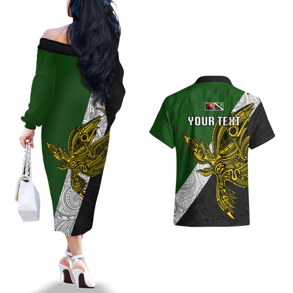 Personalised Papua New Guinea Western Highlands Province Couples Matching Off The Shoulder Long Sleeve Dress and Hawaiian Shirt PNG Birds Of Paradise Polynesian Arty Style LT03 - Polynesian Pride