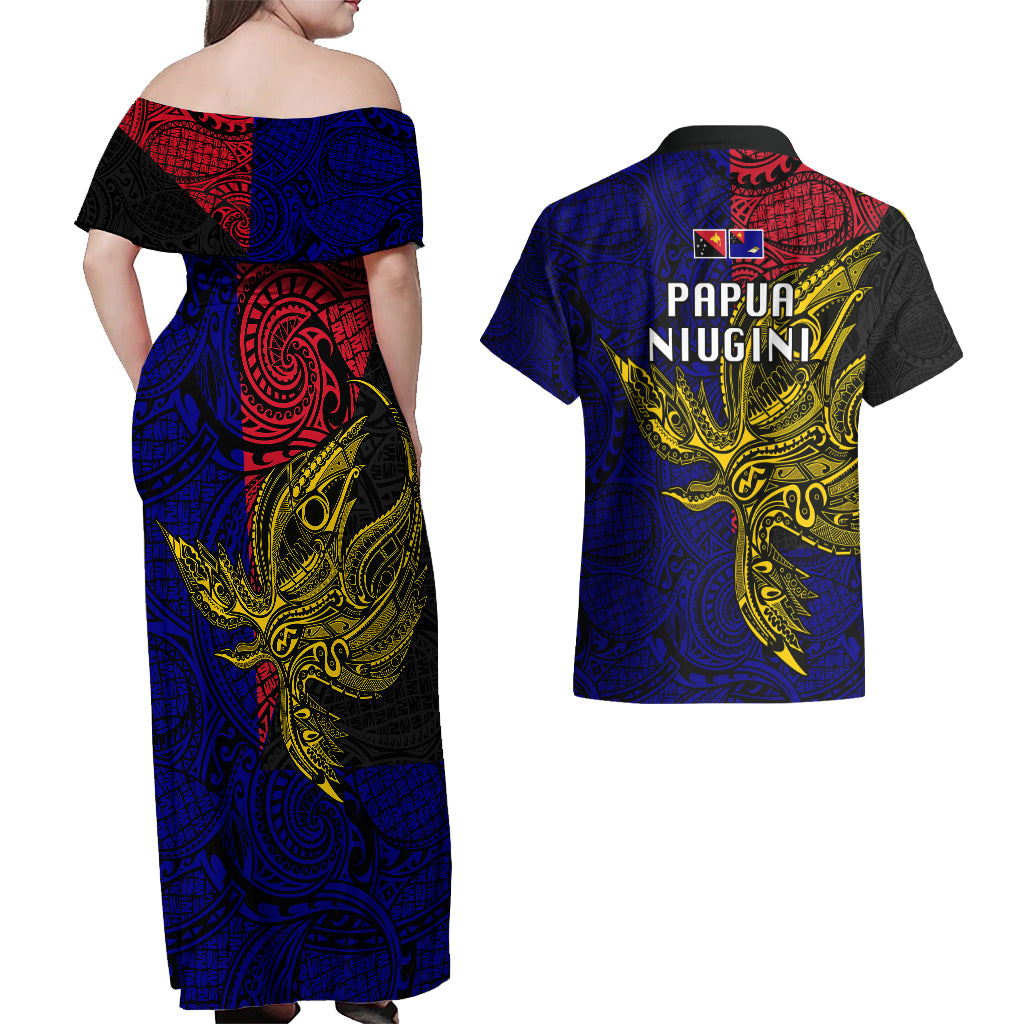 Papua New Guinea West New Britain Province Couples Matching Off Shoulder Maxi Dress and Hawaiian Shirt PNG Birds Of Paradise Polynesian Arty Style LT03 - Polynesian Pride