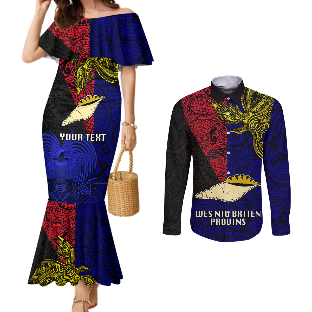 Personalised Papua New Guinea West New Britain Province Couples Matching Mermaid Dress and Long Sleeve Button Shirts PNG Birds Of Paradise Polynesian Arty Style LT03 Blue - Polynesian Pride