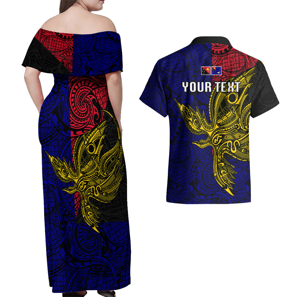 Personalised Papua New Guinea West New Britain Province Couples Matching Off Shoulder Maxi Dress and Hawaiian Shirt PNG Birds Of Paradise Polynesian Arty Style LT03 - Polynesian Pride