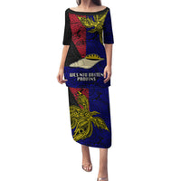 Personalised Papua New Guinea West New Britain Province Puletasi PNG Birds Of Paradise Polynesian Arty Style LT03 Long Dress Blue - Polynesian Pride