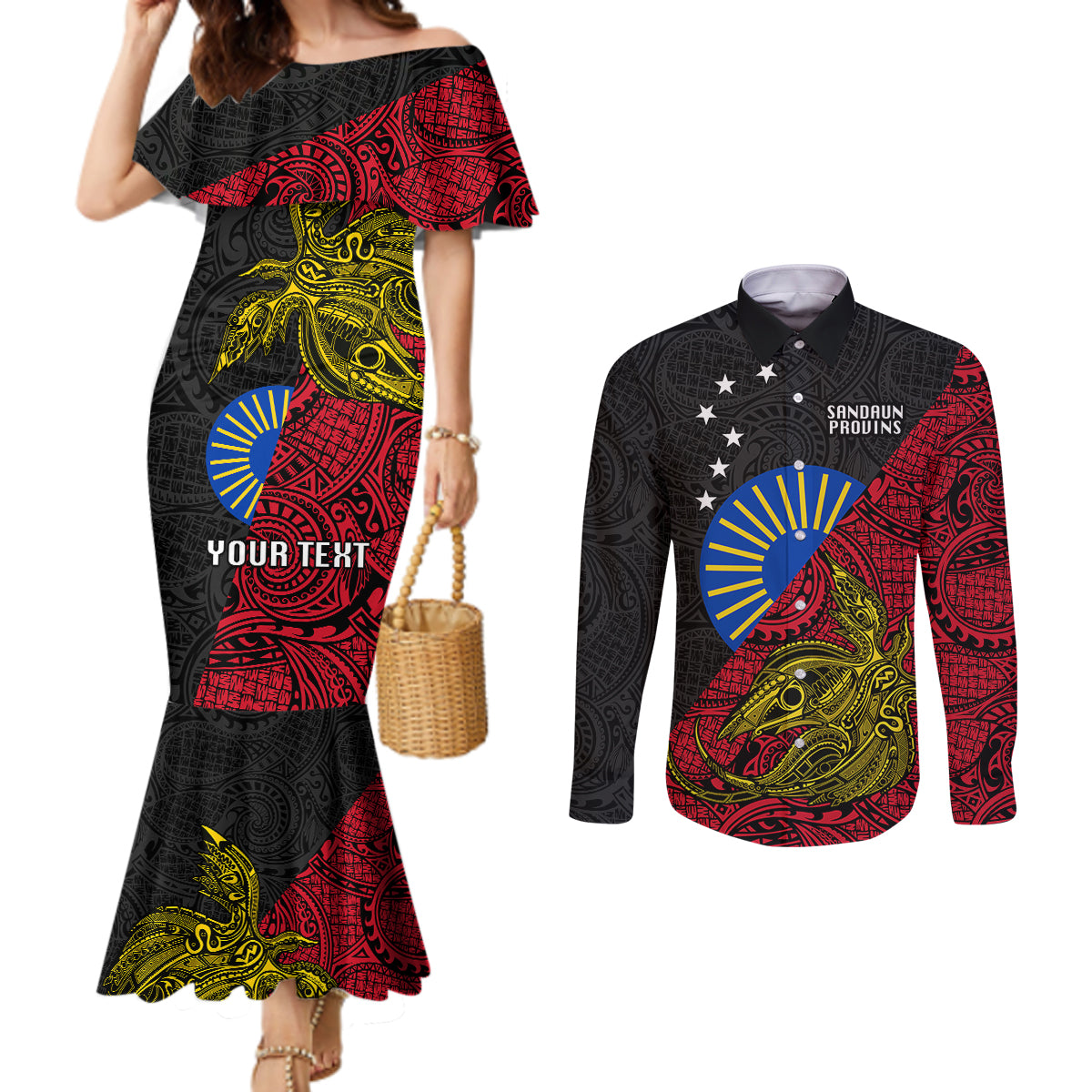 Personalised Papua New Guinea Sandaun Province Couples Matching Mermaid Dress and Long Sleeve Button Shirts PNG Birds Of Paradise Polynesian Arty Style LT03 Red - Polynesian Pride
