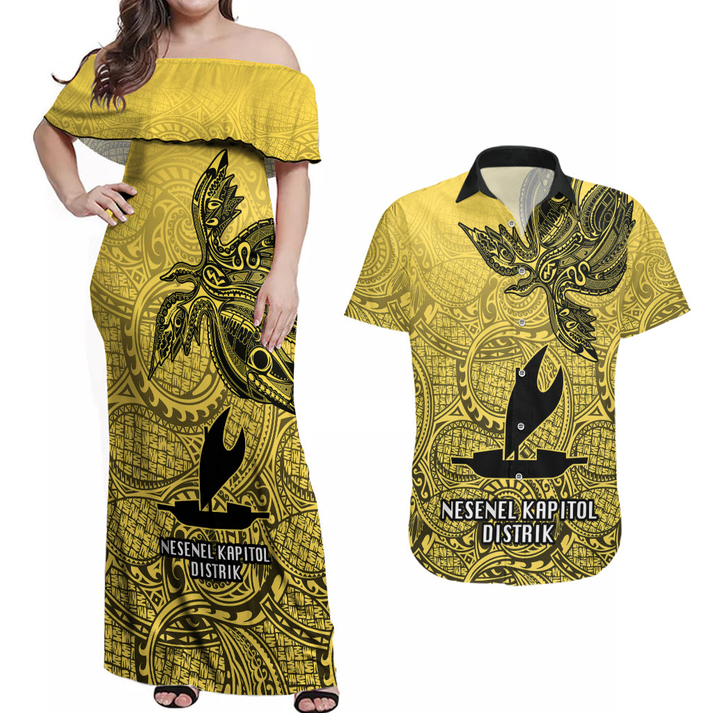 Papua New Guinea National Capital District Couples Matching Off Shoulder Maxi Dress and Hawaiian Shirt PNG Birds Of Paradise Polynesian Arty Style LT03 Yellow - Polynesian Pride