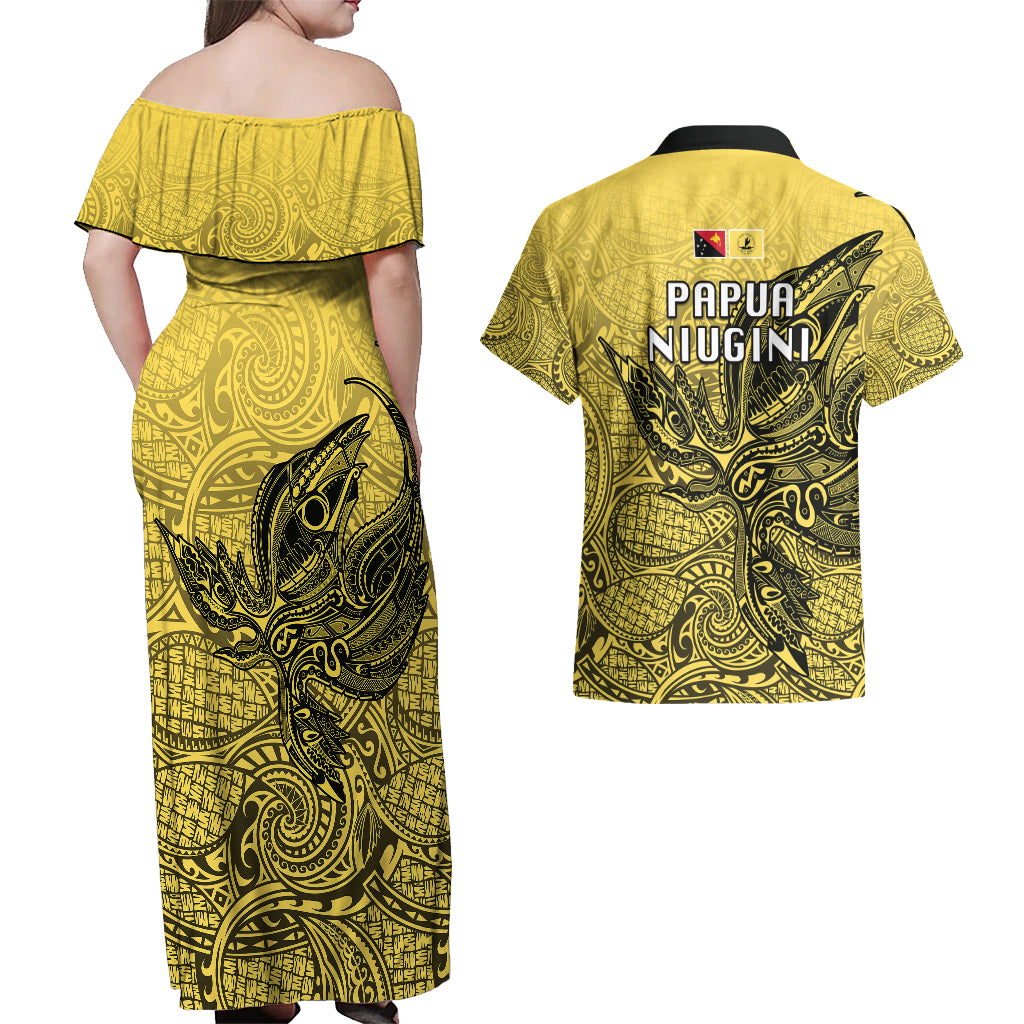 Papua New Guinea National Capital District Couples Matching Off Shoulder Maxi Dress and Hawaiian Shirt PNG Birds Of Paradise Polynesian Arty Style LT03 - Polynesian Pride