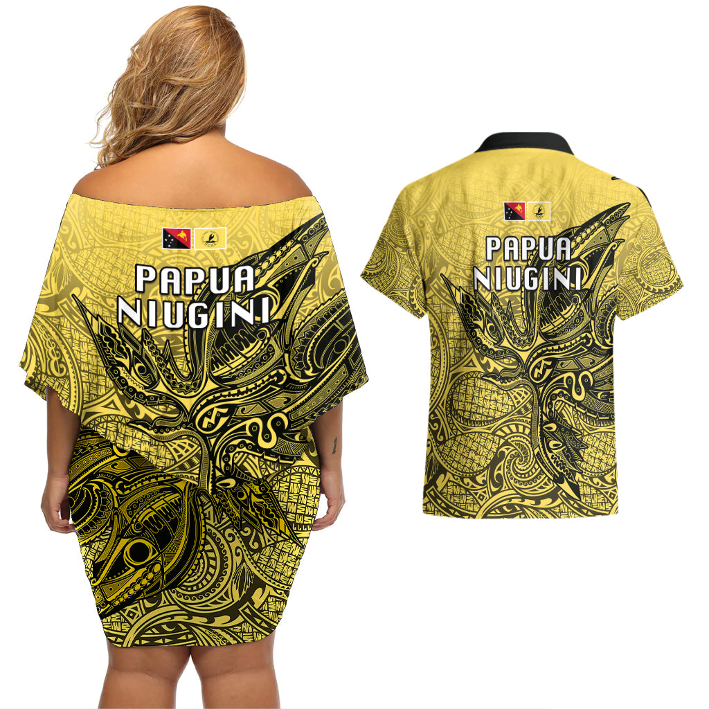 Papua New Guinea National Capital District Couples Matching Off Shoulder Short Dress and Hawaiian Shirt PNG Birds Of Paradise Polynesian Arty Style LT03 - Polynesian Pride