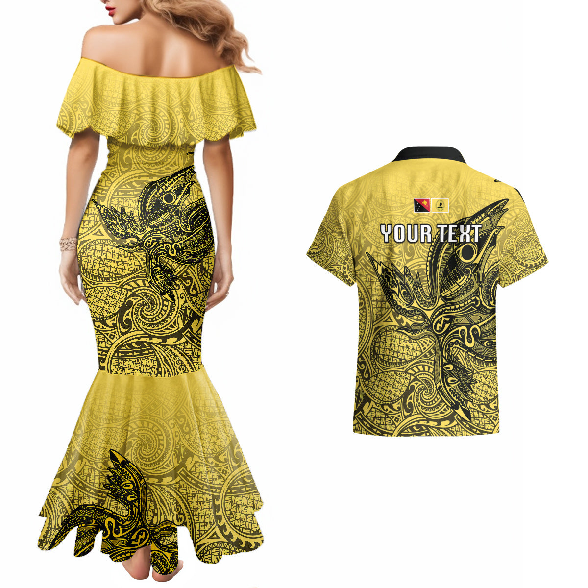 Personalised Papua New Guinea National Capital District Couples Matching Mermaid Dress and Hawaiian Shirt PNG Birds Of Paradise Polynesian Arty Style LT03 - Polynesian Pride