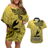 Personalised Papua New Guinea National Capital District Couples Matching Off Shoulder Short Dress and Hawaiian Shirt PNG Birds Of Paradise Polynesian Arty Style LT03 Yellow - Polynesian Pride