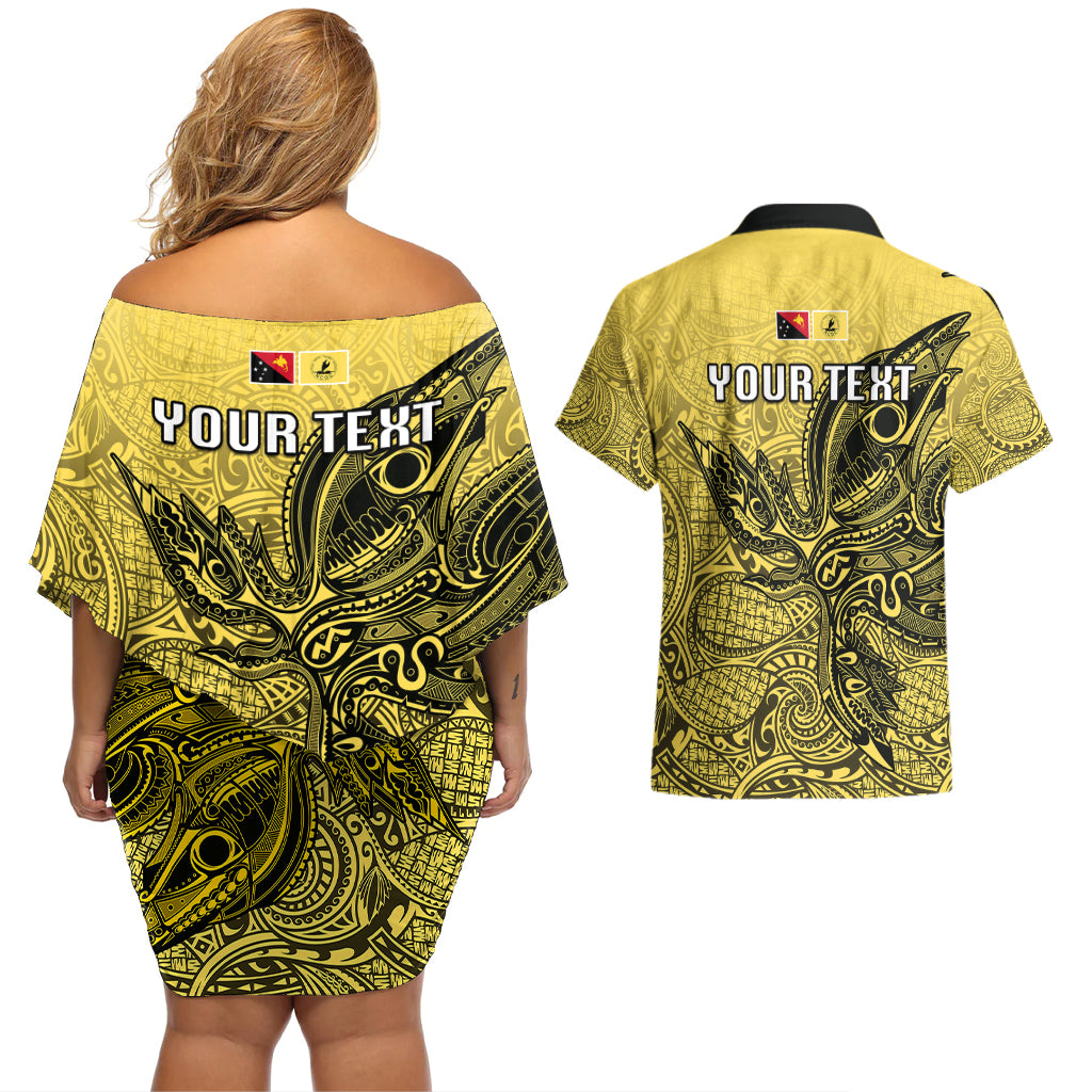 Personalised Papua New Guinea National Capital District Couples Matching Off Shoulder Short Dress and Hawaiian Shirt PNG Birds Of Paradise Polynesian Arty Style LT03 - Polynesian Pride