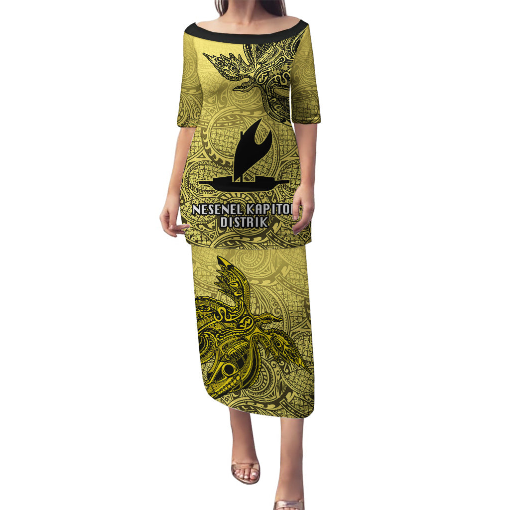 Personalised Papua New Guinea National Capital District Puletasi PNG Birds Of Paradise Polynesian Arty Style LT03 Long Dress Yellow - Polynesian Pride