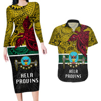Papua New Guinea Hela Province Couples Matching Long Sleeve Bodycon Dress and Hawaiian Shirt PNG Birds Of Paradise Polynesian Arty Style LT03 Yellow - Polynesian Pride