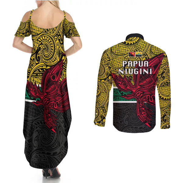 Papua New Guinea Southern Highlands Province Couples Matching Summer Maxi Dress and Long Sleeve Button Shirts PNG Birds Of Paradise Polynesian Arty Style LT03