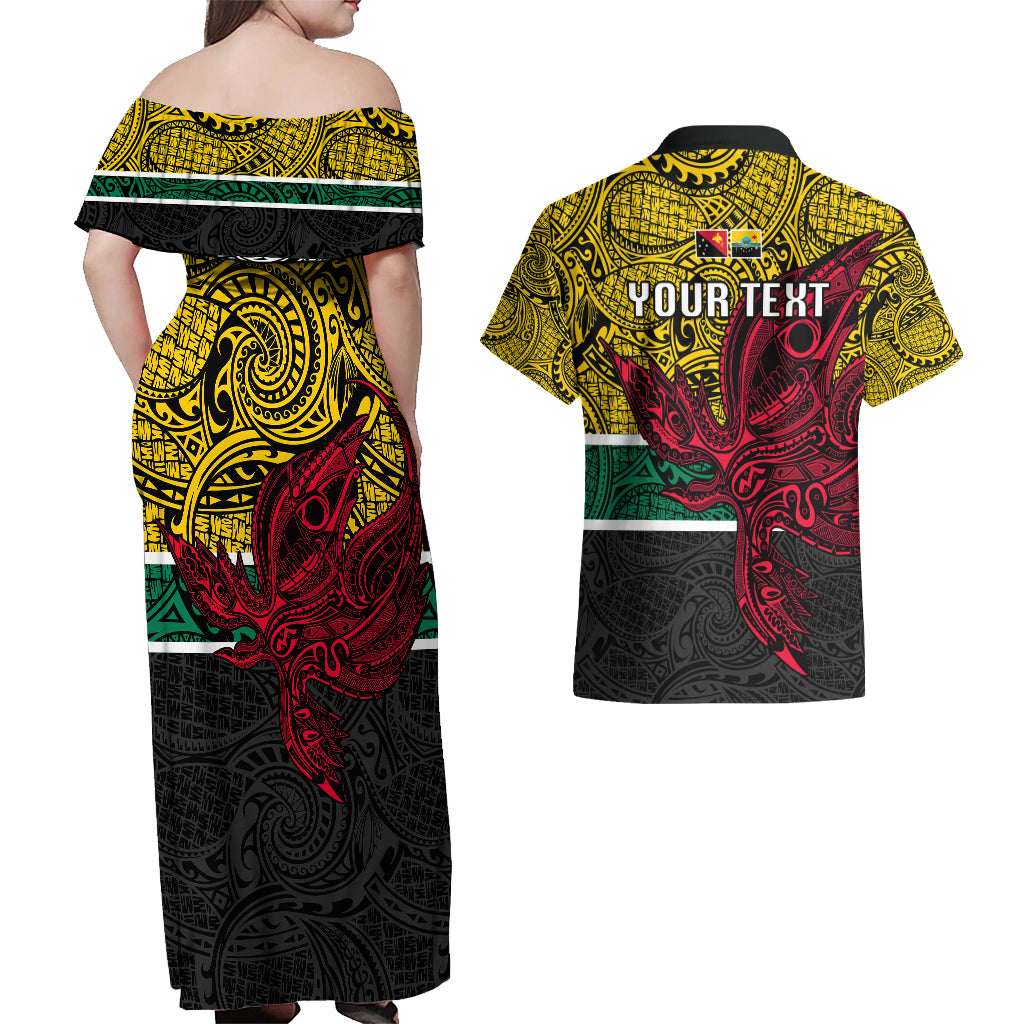 Personalised Papua New Guinea Hela Province Couples Matching Off Shoulder Maxi Dress and Hawaiian Shirt PNG Birds Of Paradise Polynesian Arty Style LT03 - Polynesian Pride