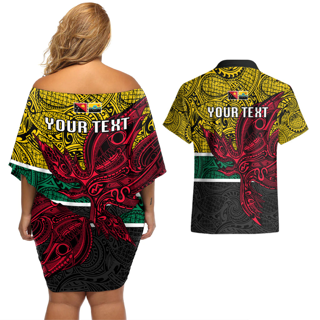 Personalised Papua New Guinea Hela Province Couples Matching Off Shoulder Short Dress and Hawaiian Shirt PNG Birds Of Paradise Polynesian Arty Style LT03 - Polynesian Pride
