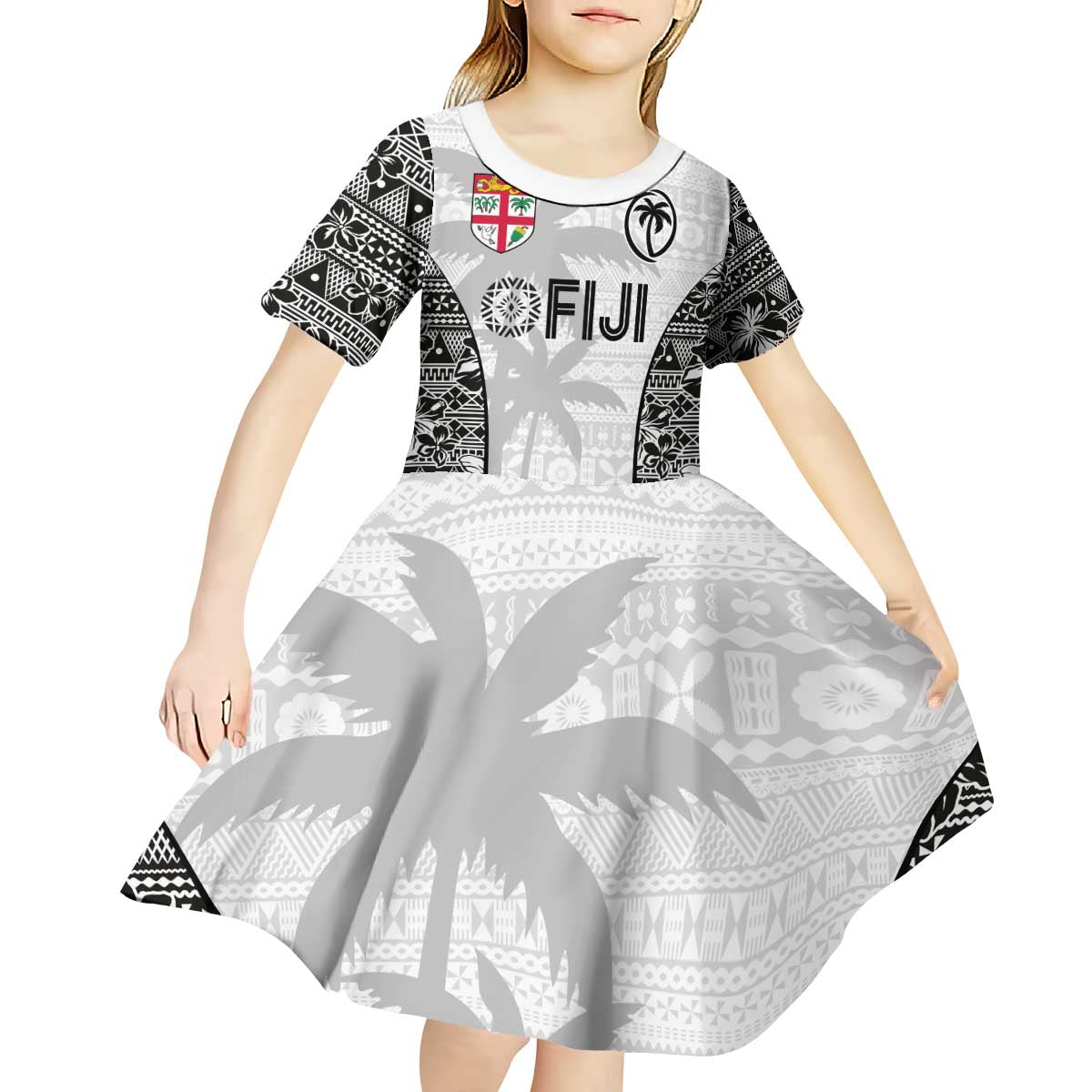 Custom Fiji Pacific Rugby 2024 Kid Short Sleeve Dress Tapa Tribal and Fijian Masi Pattern