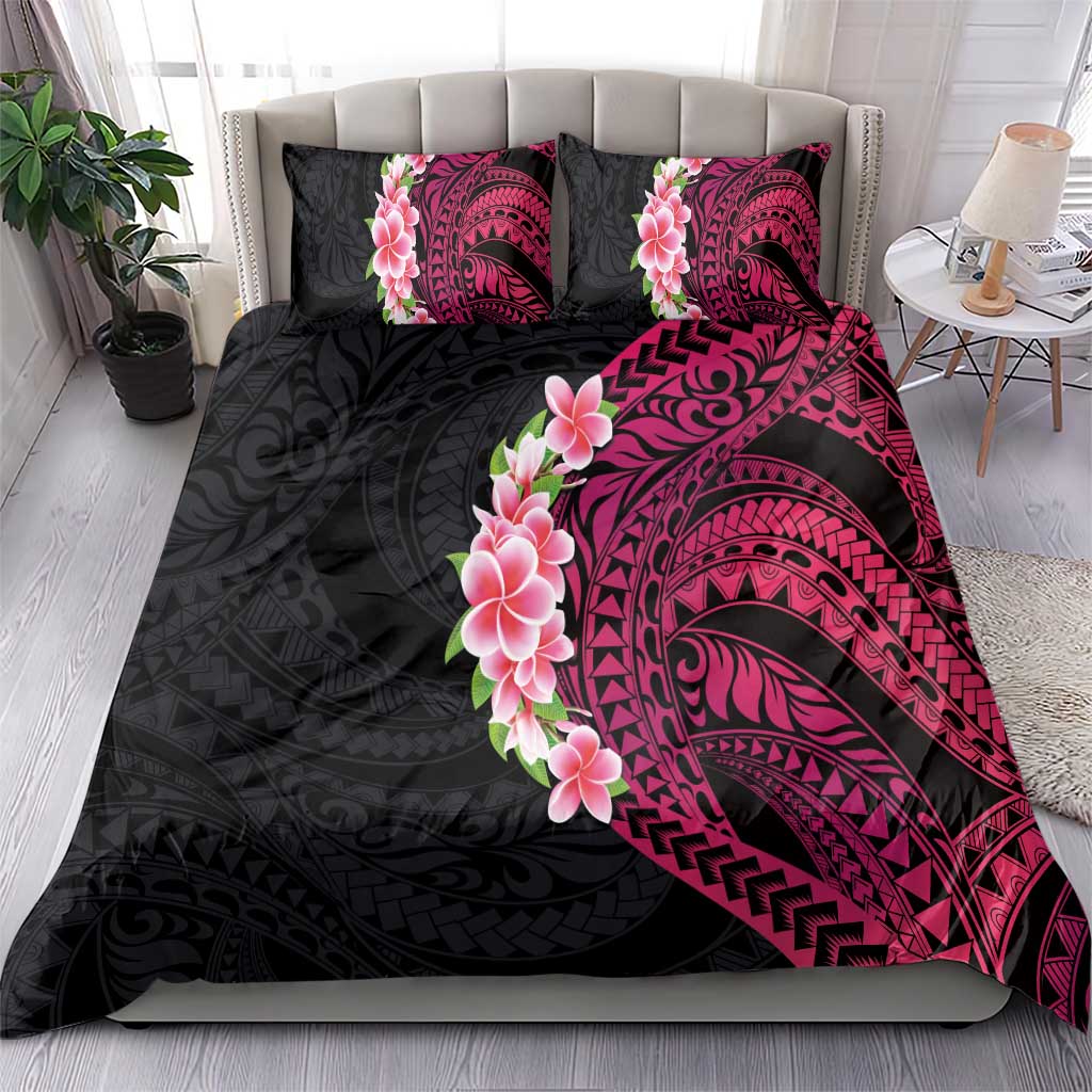 Hawaiian Tropical Plumeria Art Polynesian Tattoo Bedding Set Black and Bright Pink Color