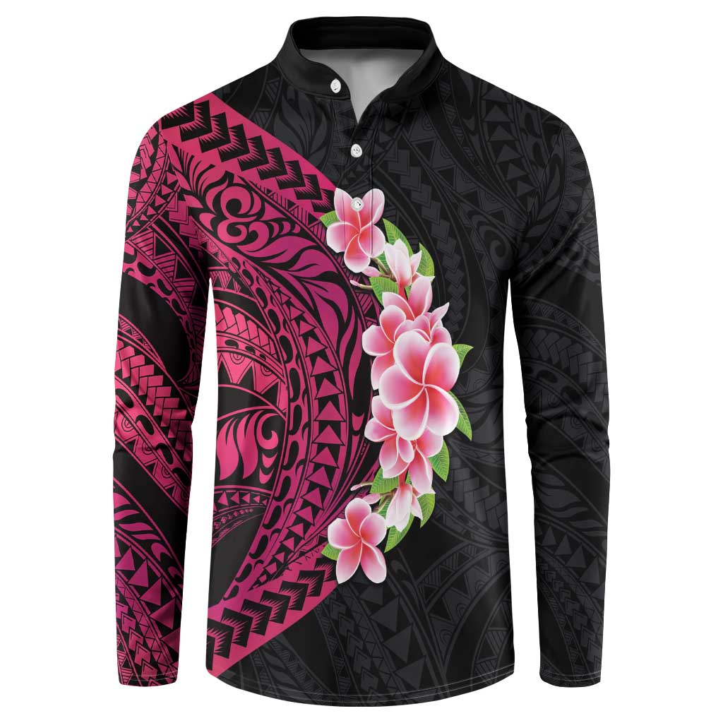 Hawaiian Tropical Plumeria Art Polynesian Tattoo Button Sweatshirt Black and Bright Pink Color LT03 Pink - Polynesian Pride