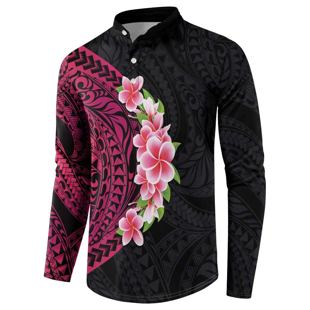 Hawaiian Tropical Plumeria Art Polynesian Tattoo Button Sweatshirt Black and Bright Pink Color