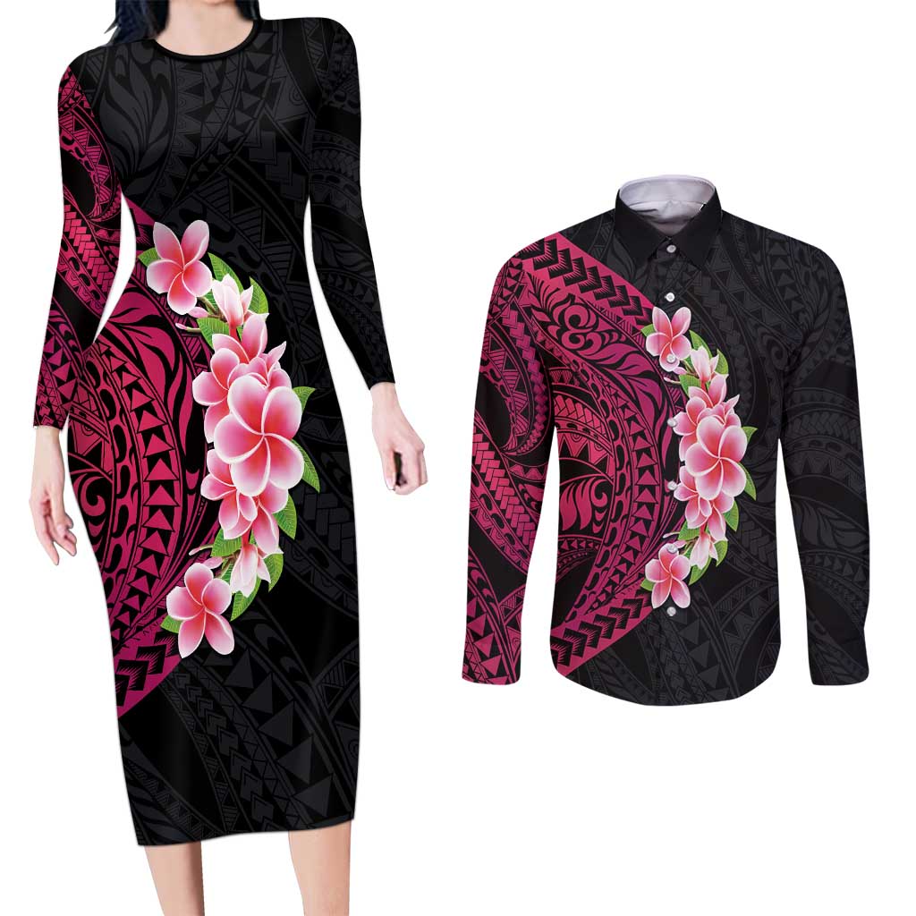Hawaiian Tropical Plumeria Art Polynesian Tattoo Couples Matching Long Sleeve Bodycon Dress and Long Sleeve Button Shirt Black and Bright Pink Color LT03 Pink - Polynesian Pride