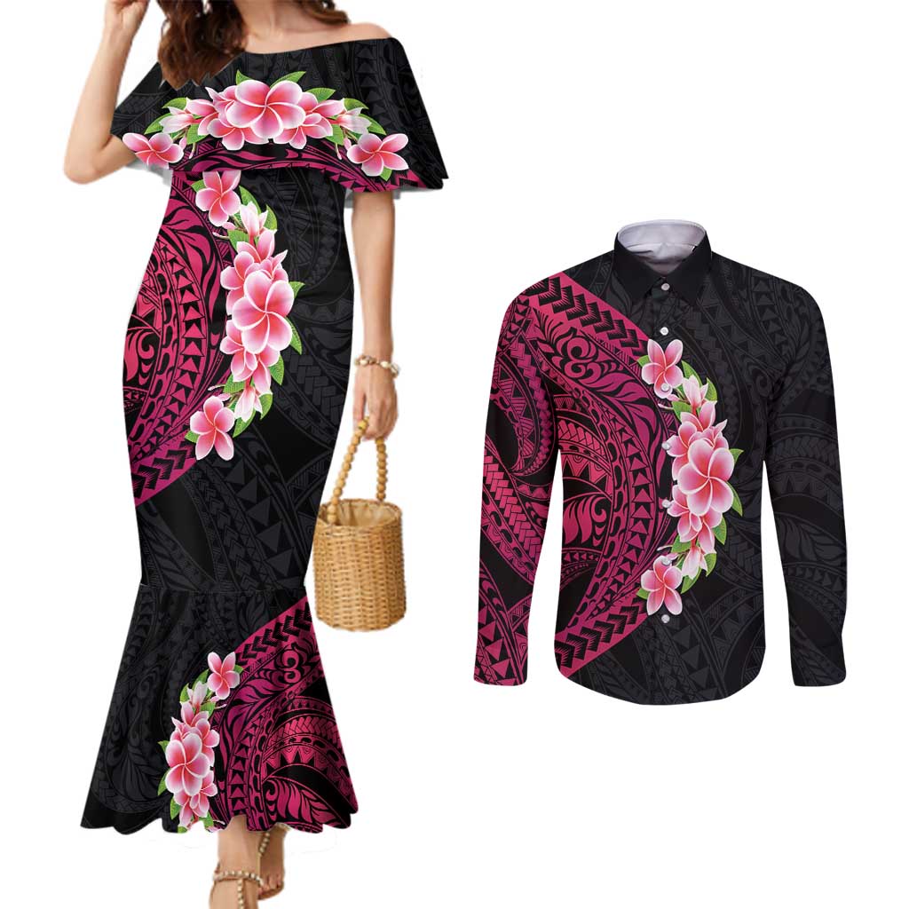 Hawaiian Tropical Plumeria Art Polynesian Tattoo Couples Matching Mermaid Dress and Long Sleeve Button Shirt Black and Bright Pink Color LT03 Pink - Polynesian Pride