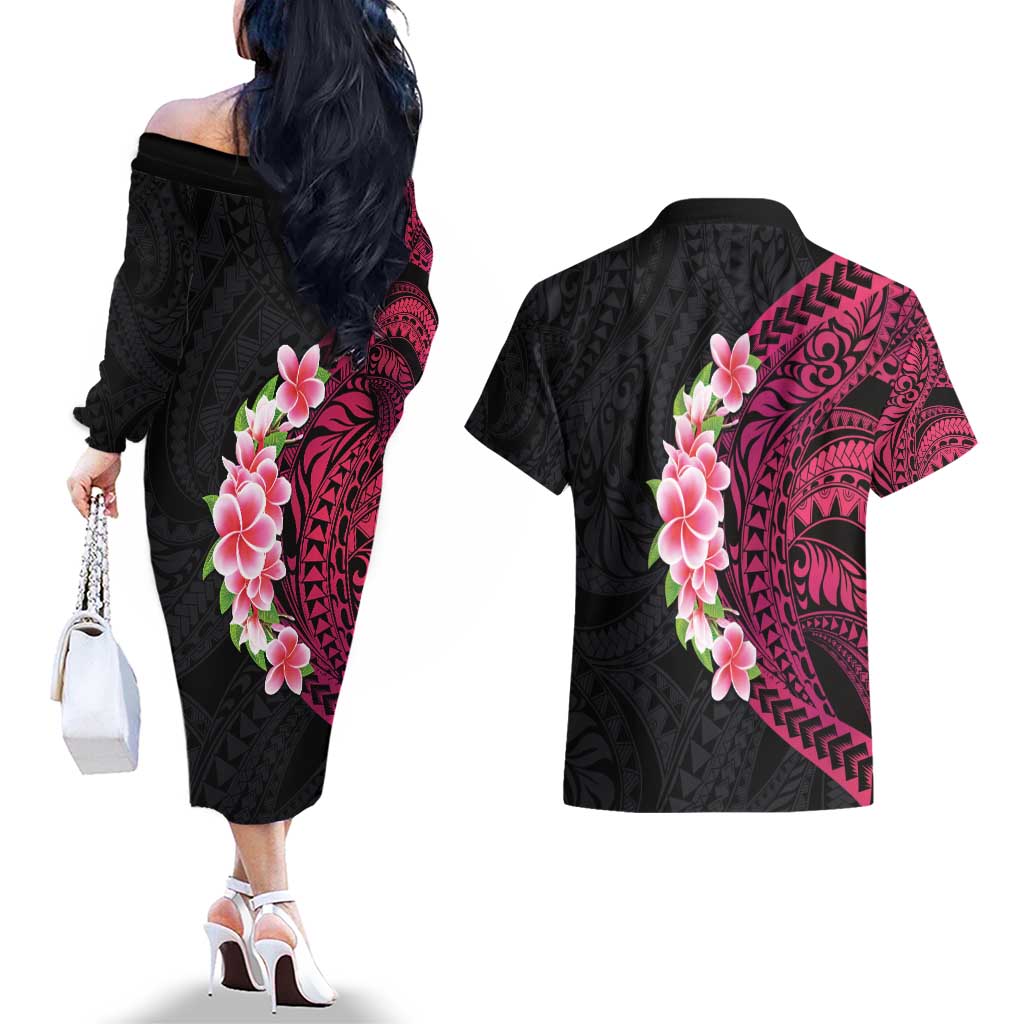 Hawaiian Tropical Plumeria Art Polynesian Tattoo Couples Matching Off The Shoulder Long Sleeve Dress and Hawaiian Shirt Black and Bright Pink Color