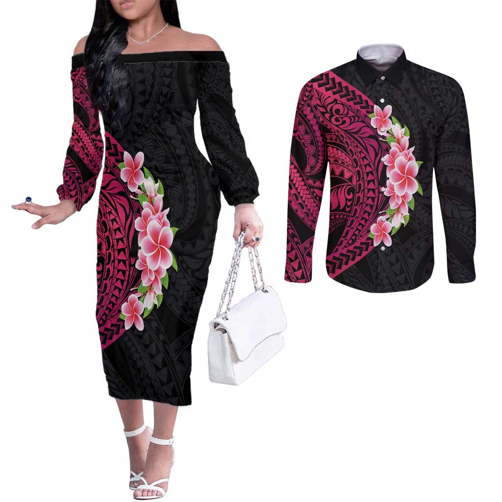 Hawaiian Tropical Plumeria Art Polynesian Tattoo Couples Matching Off The Shoulder Long Sleeve Dress and Long Sleeve Button Shirt Black and Bright Pink Color LT03 Pink - Polynesian Pride