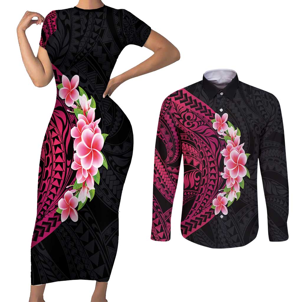 Hawaiian Tropical Plumeria Art Polynesian Tattoo Couples Matching Short Sleeve Bodycon Dress and Long Sleeve Button Shirt Black and Bright Pink Color LT03 Pink - Polynesian Pride