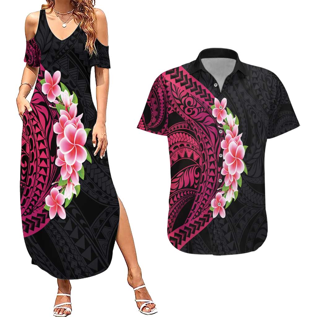 Hawaiian Tropical Plumeria Art Polynesian Tattoo Couples Matching Summer Maxi Dress and Hawaiian Shirt Black and Bright Pink Color LT03 Pink - Polynesian Pride