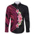 Hawaiian Tropical Plumeria Art Polynesian Tattoo Family Matching Off The Shoulder Long Sleeve Dress and Hawaiian Shirt Black and Bright Pink Color