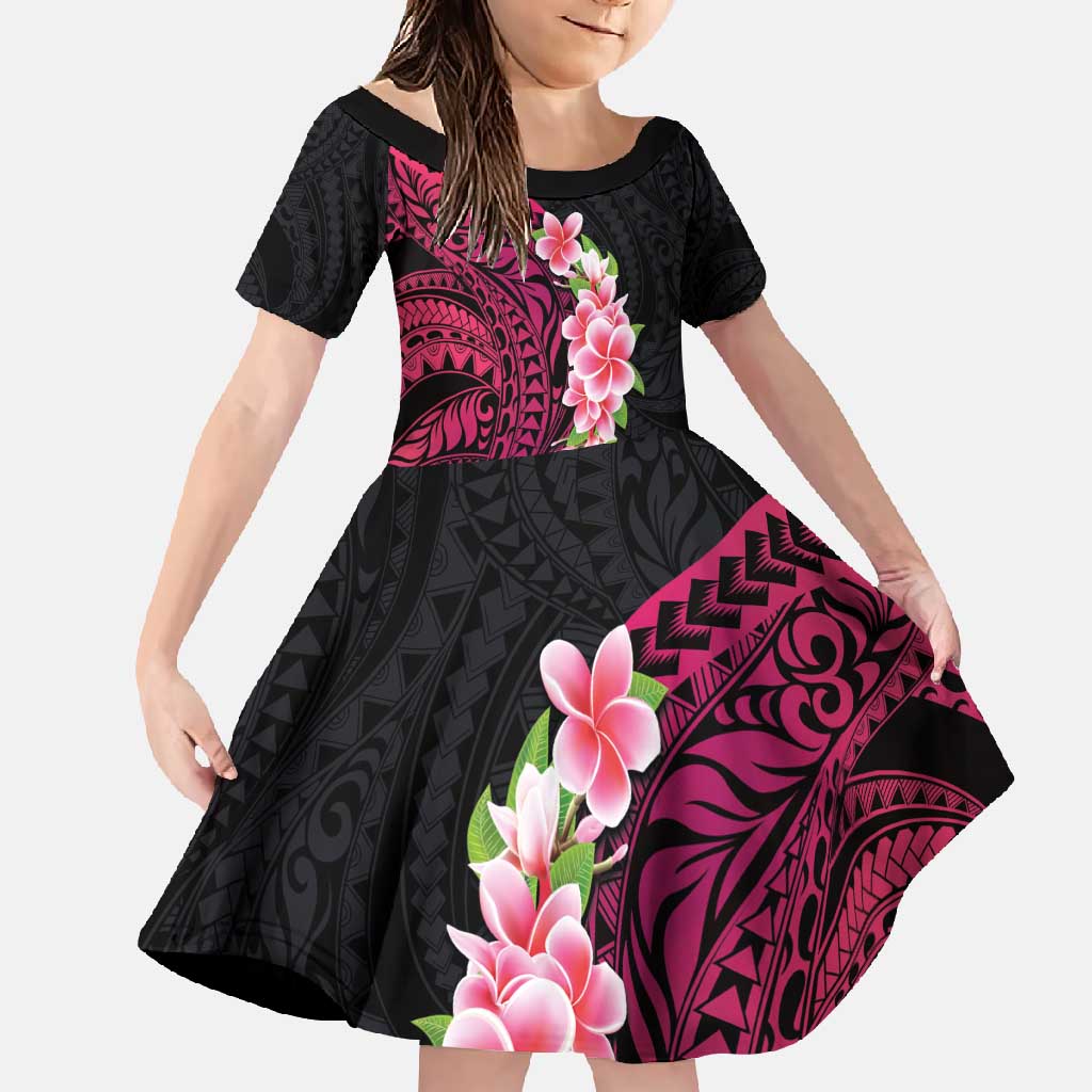 Hawaiian Tropical Plumeria Art Polynesian Tattoo Family Matching Off Shoulder Maxi Dress and Hawaiian Shirt Black and Bright Pink Color