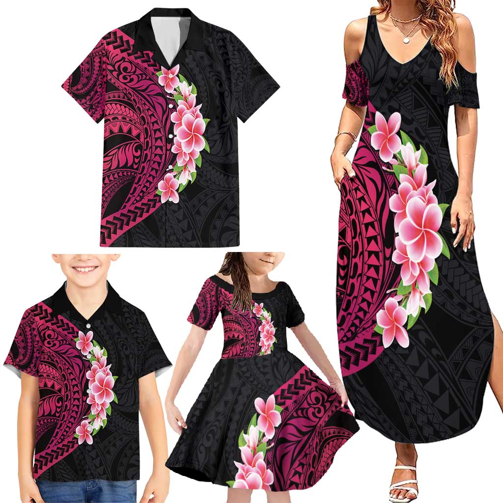 Hawaiian Tropical Plumeria Art Polynesian Tattoo Family Matching Summer Maxi Dress and Hawaiian Shirt Black and Bright Pink Color LT03 - Polynesian Pride