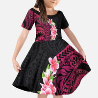 Hawaiian Tropical Plumeria Art Polynesian Tattoo Family Matching Tank Maxi Dress and Hawaiian Shirt Black and Bright Pink Color