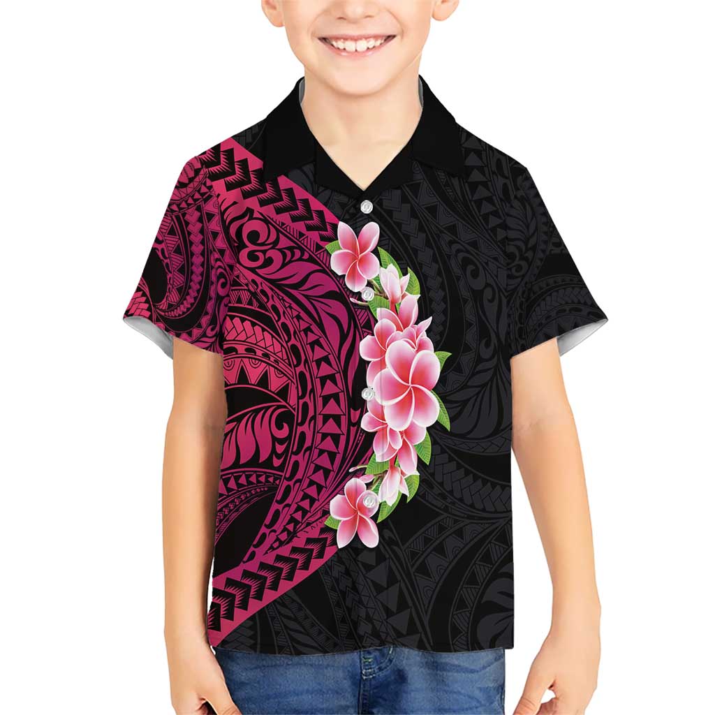 Hawaiian Tropical Plumeria Art Polynesian Tattoo Kid Hawaiian Shirt Black and Bright Pink Color LT03 Kid Pink - Polynesian Pride
