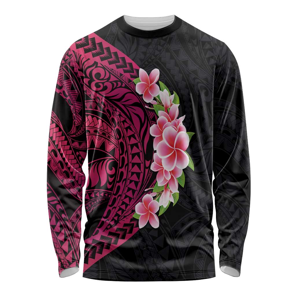 Hawaiian Tropical Plumeria Art Polynesian Tattoo Long Sleeve Shirt Black and Bright Pink Color LT03 Unisex Pink - Polynesian Pride