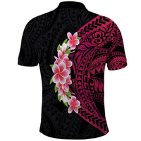 Hawaiian Tropical Plumeria Art Polynesian Tattoo Polo Shirt Black and Bright Pink Color