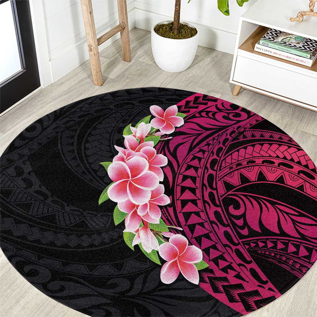 Hawaiian Tropical Plumeria Art Polynesian Tattoo Round Carpet Black and Bright Pink Color LT03 Pink - Polynesian Pride