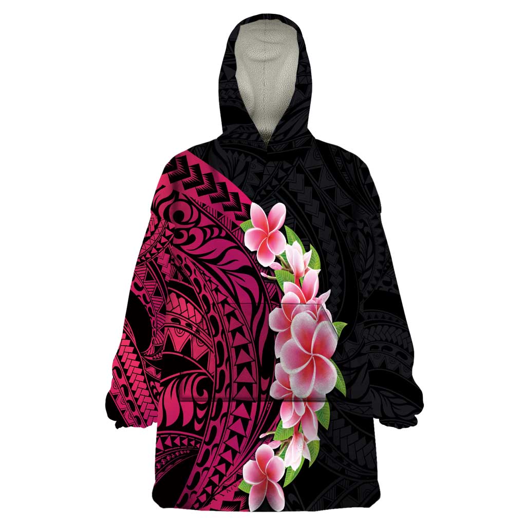 Hawaiian Tropical Plumeria Art Polynesian Tattoo Wearable Blanket Hoodie Black and Bright Pink Color LT03 One Size Pink - Polynesian Pride