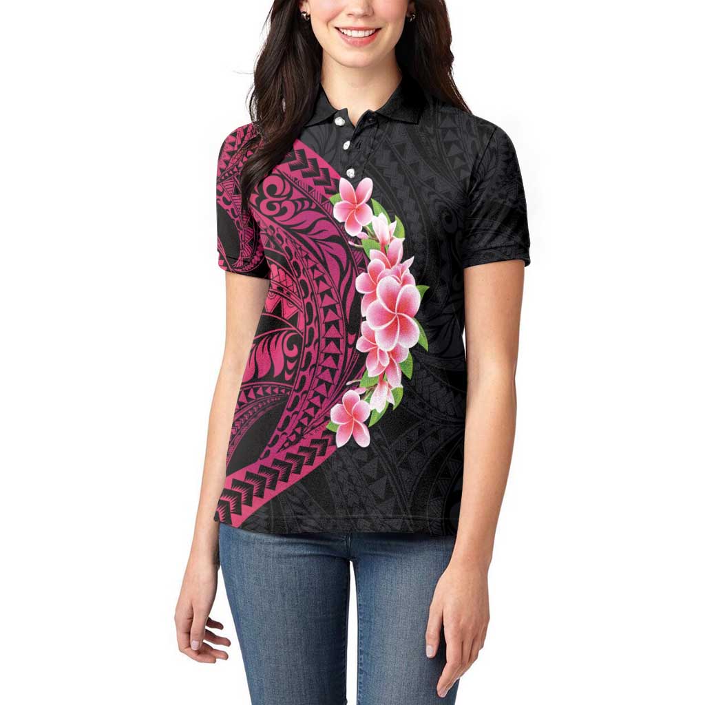 Hawaiian Tropical Plumeria Art Polynesian Tattoo Women Polo Shirt Black and Bright Pink Color